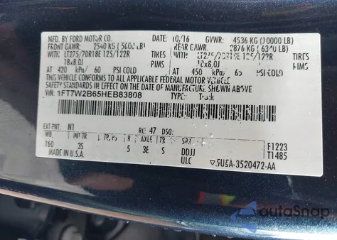 2017 Ford F-250 Xlt from USA, damaged, VIN 1FT7W2B65HEB83808